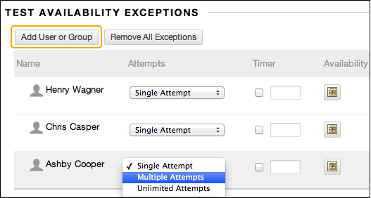 Image of Test Availability Exceptions Selection Interface